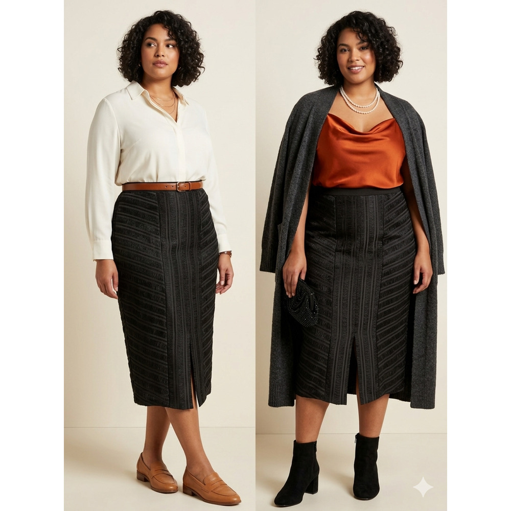 Black Pencil Midi Skirt Womens Front Slit Satin Striped textured Business Sz-2x